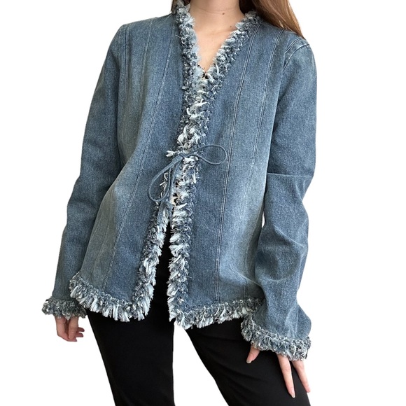 St. John Sport Y2K Collarless Denim Fringe Jacket